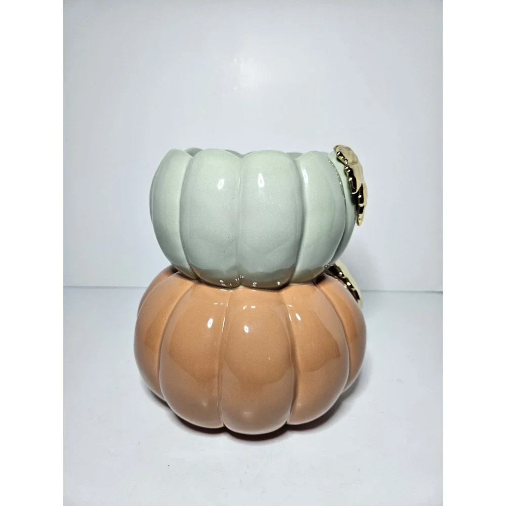 Bath Body Works Stacked Pumpkin 3 Wick Candle Holder Ceramic Gold Leaf Fall 8in